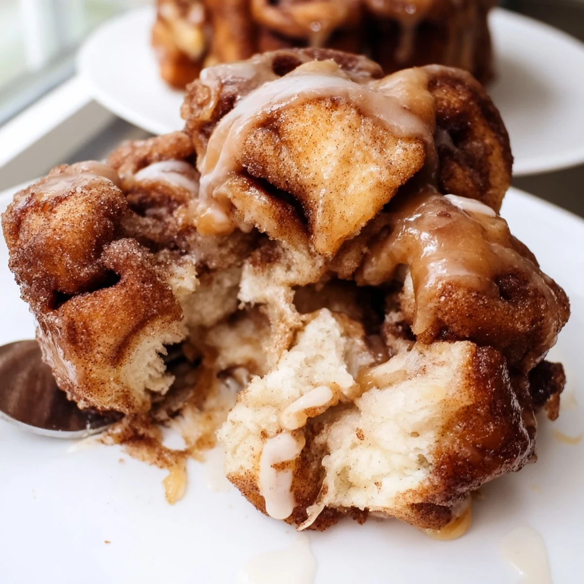 Pull-apart Cinnamon Roll Monkey Bread plated with coffee, sticky golden-brown bites.