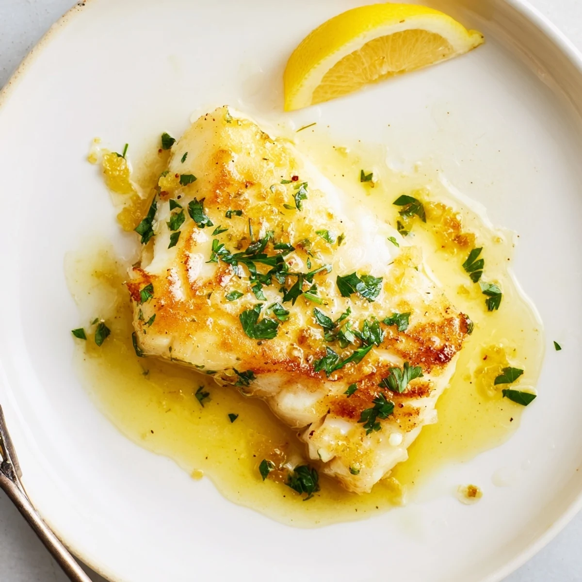 Garlic Butter Fish Recipe with golden seared fillets and glossy lemon-butter sauce.