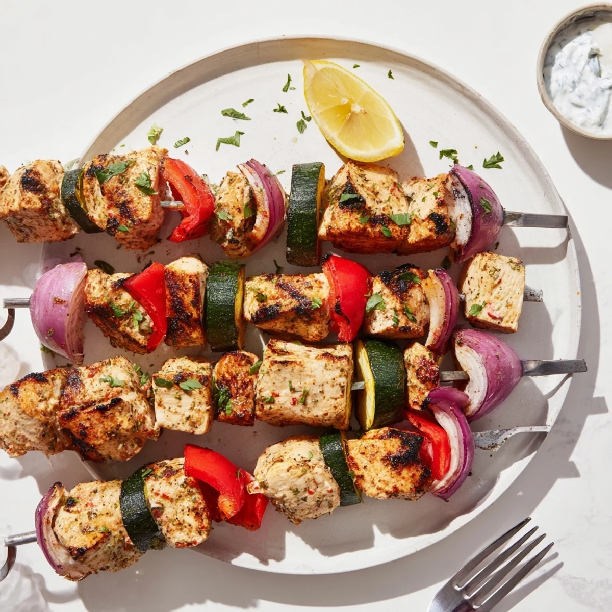 Juicy Greek Marinated Chicken Kabobs skewered with peppers and onions, parsley garnish.
