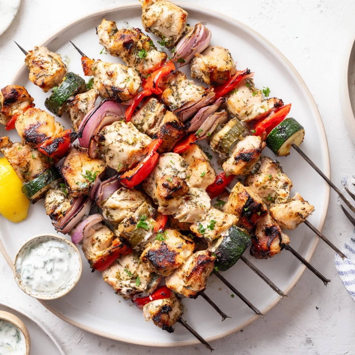 Greek Marinated Chicken Kabobs sizzling on the grill, charred edges, lemon wedges.