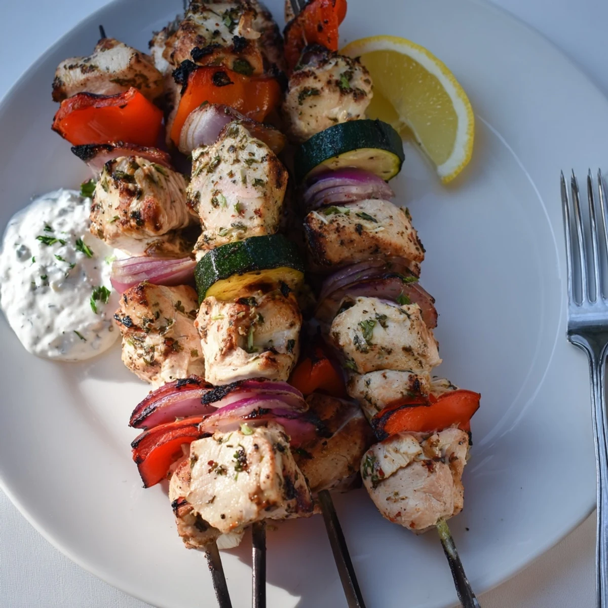 Grilled Greek Marinated Chicken Kabobs served with tzatziki and warm pita slices.