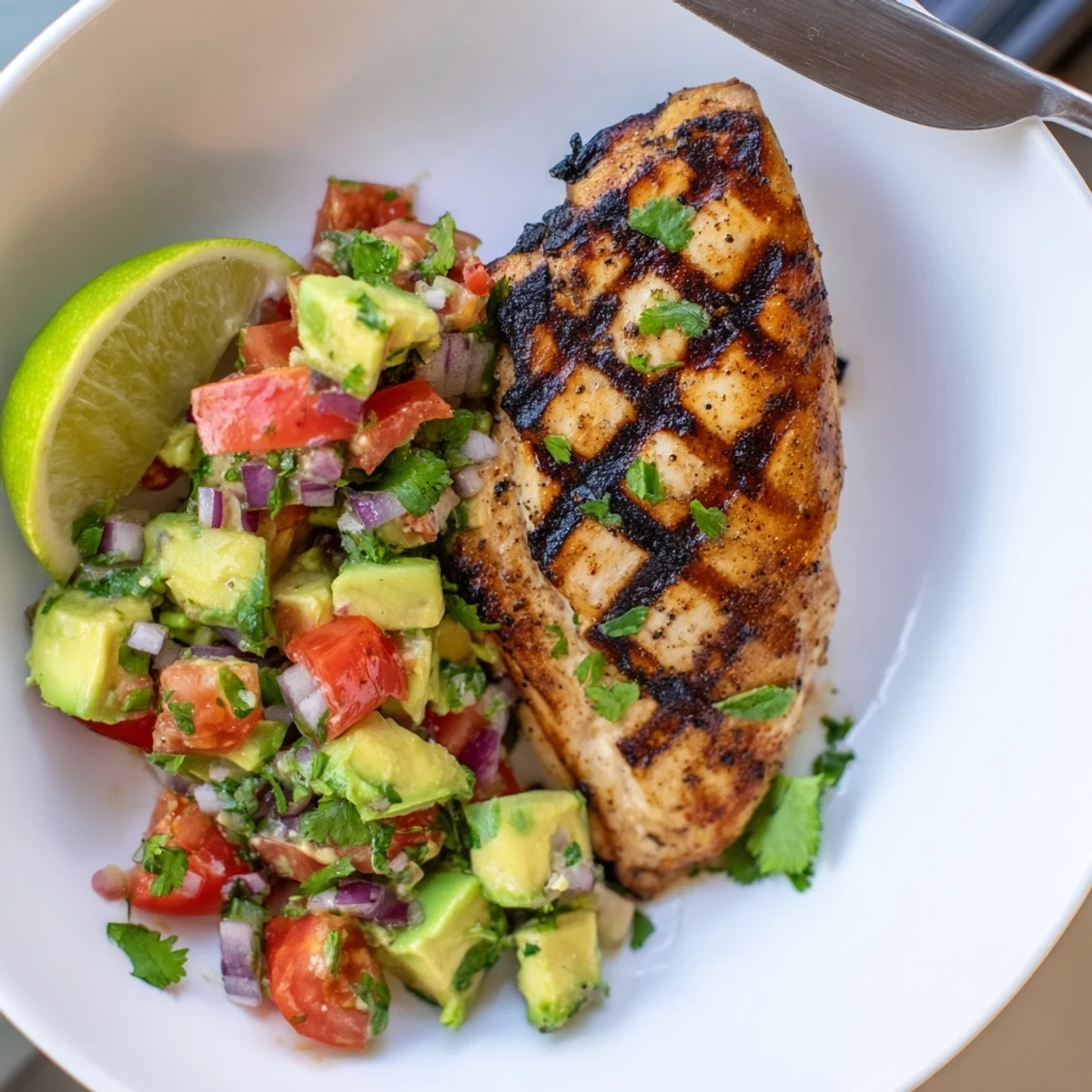 Juicy Grilled California Avocado Chicken with charred grill marks and creamy avocado  