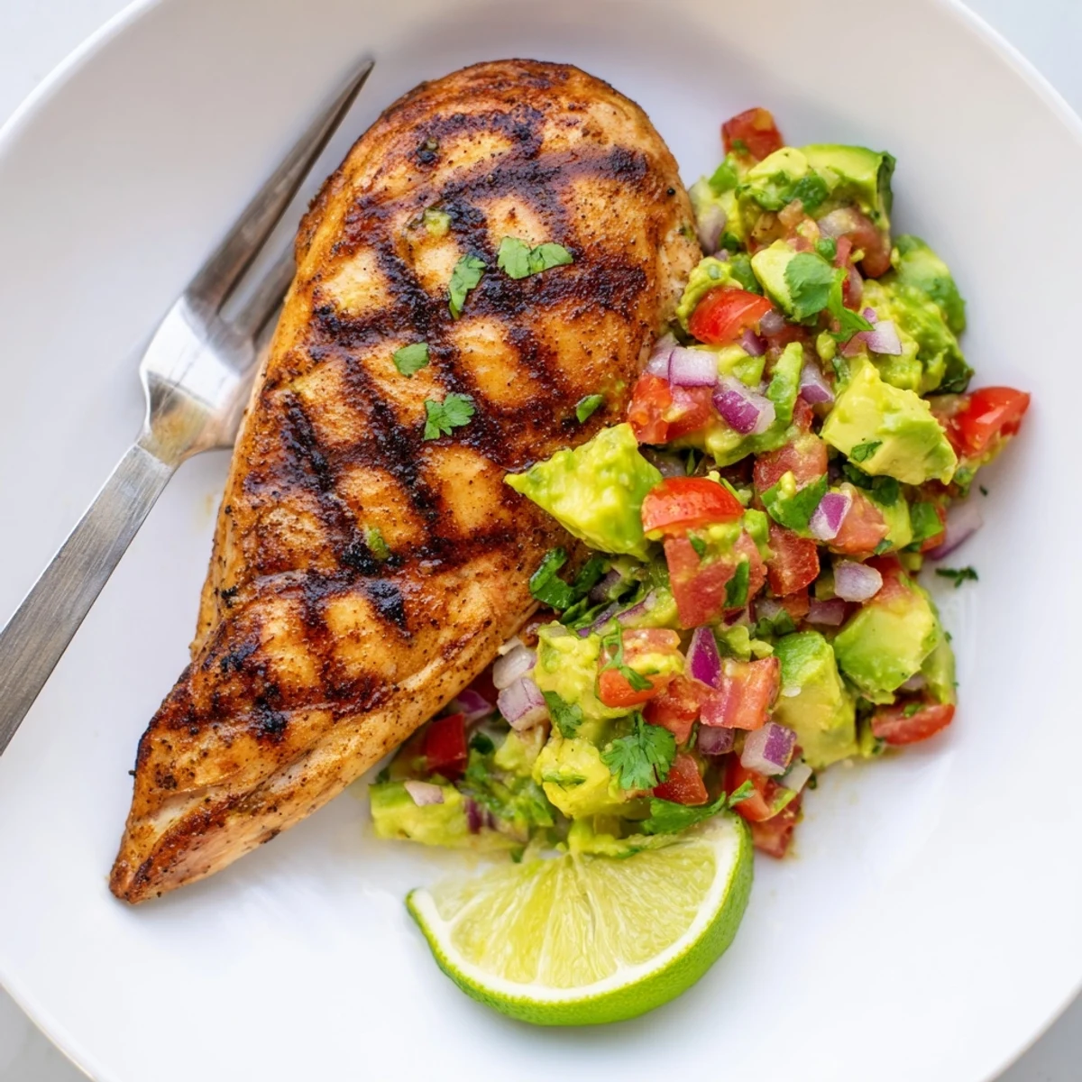 Sliced Juicy Grilled California Avocado Chicken topped with ripe tomato, cilantro  