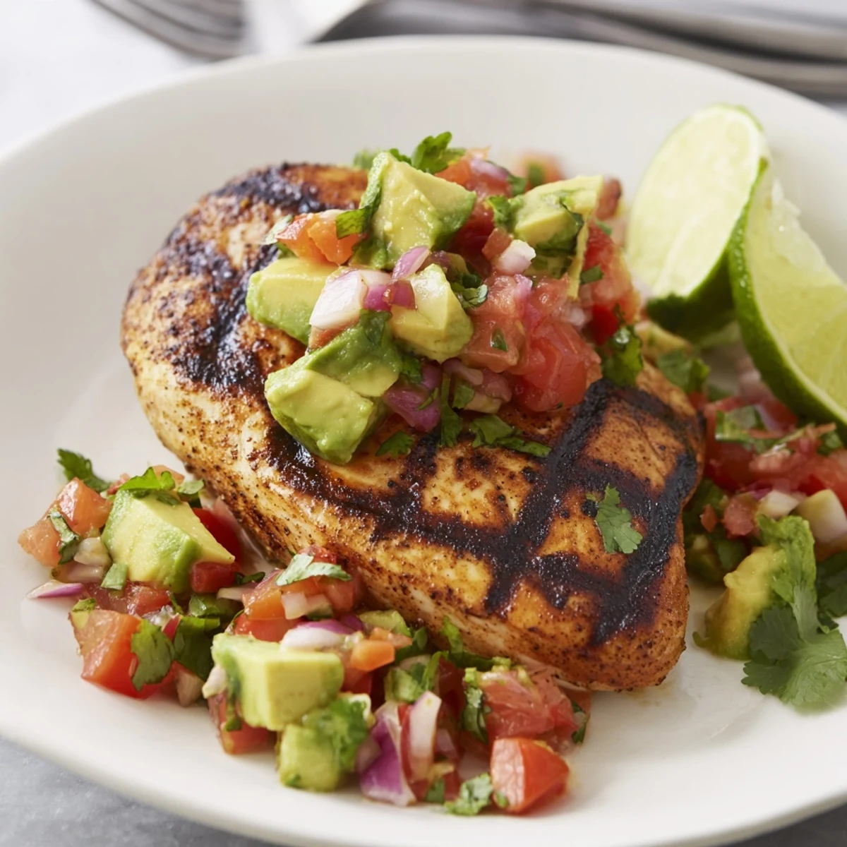 Weeknight Juicy Grilled California Avocado Chicken served warm over quinoa, lime wedge