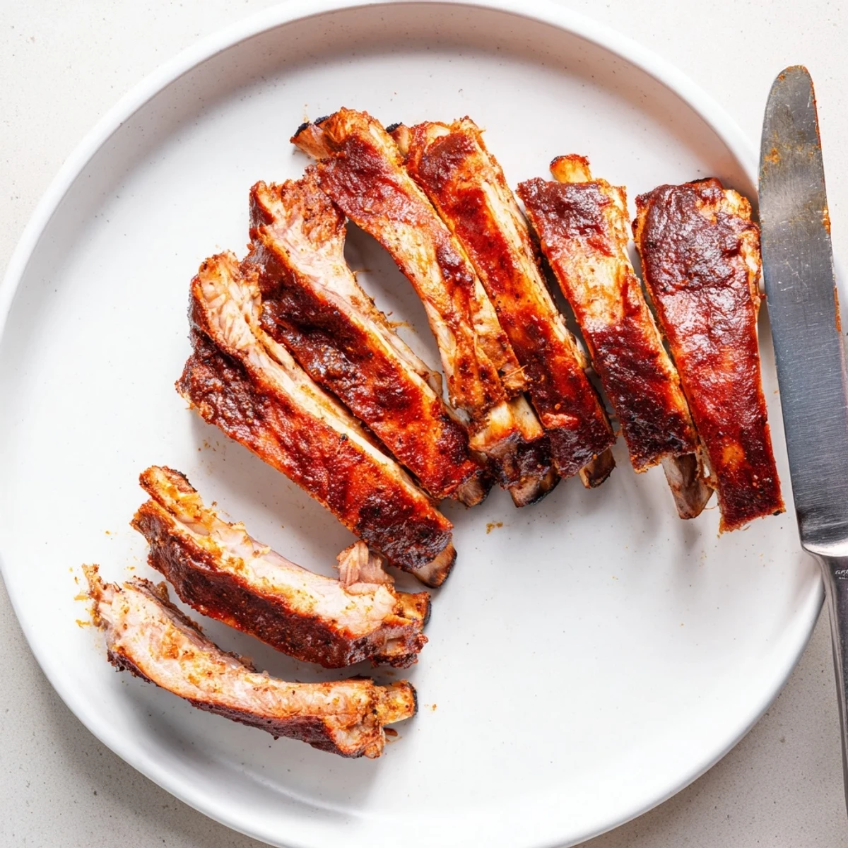 Tender Grilled Ribs sliced between bones, smoke-kissed and ready for summer plates