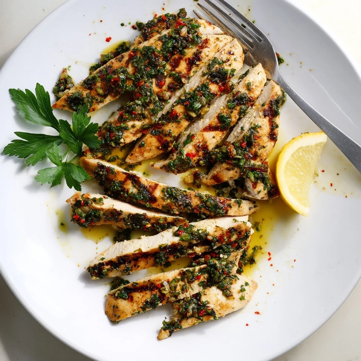 Grilled Chimichurri Chicken sizzling on grill, bright herb sauce drizzled