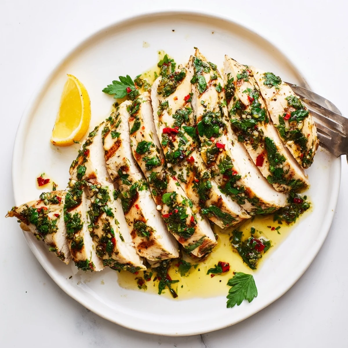 Slices of Grilled Chimichurri Chicken resting, smoky char, served with lime