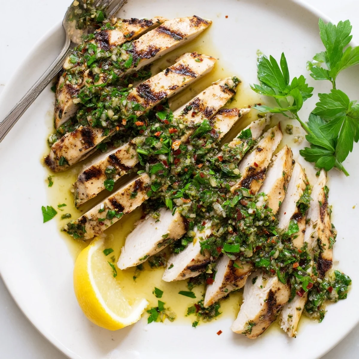 Tender Grilled Chimichurri Chicken marinated overnight, vibrant parsley garlic aroma