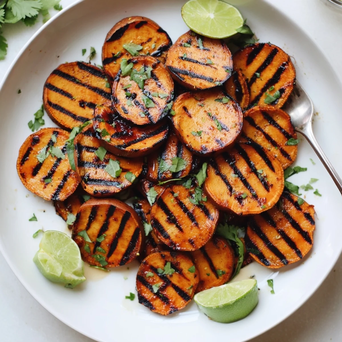 Grilled sweet potatoes with smoky char, cilantro garnish and lime wedges