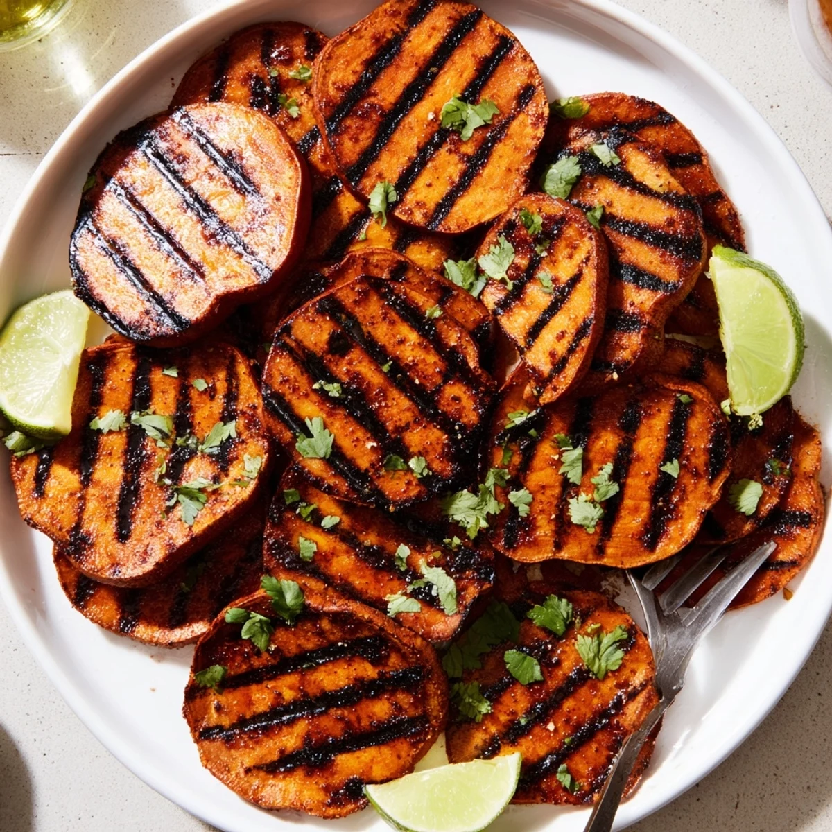 Bright summer plate of grilled sweet potatoes, drizzle of olive oil and lime