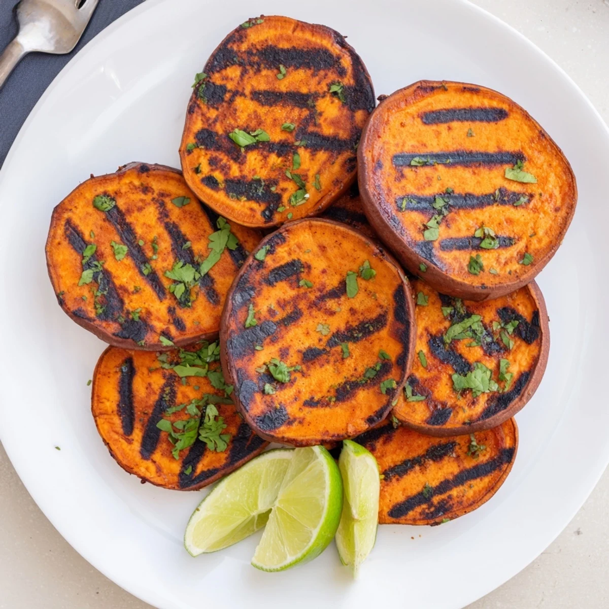Charred grilled sweet potatoes, tender inside, seasoned with smoked paprika for BBQ