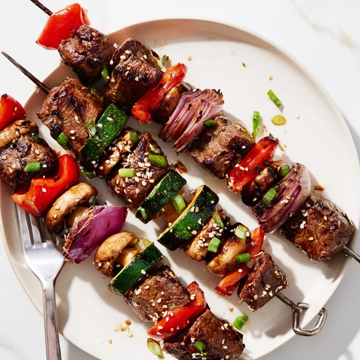 Grilled Teriyaki Steak Kabobs glistening with sticky sauce, charred peppers and onions.