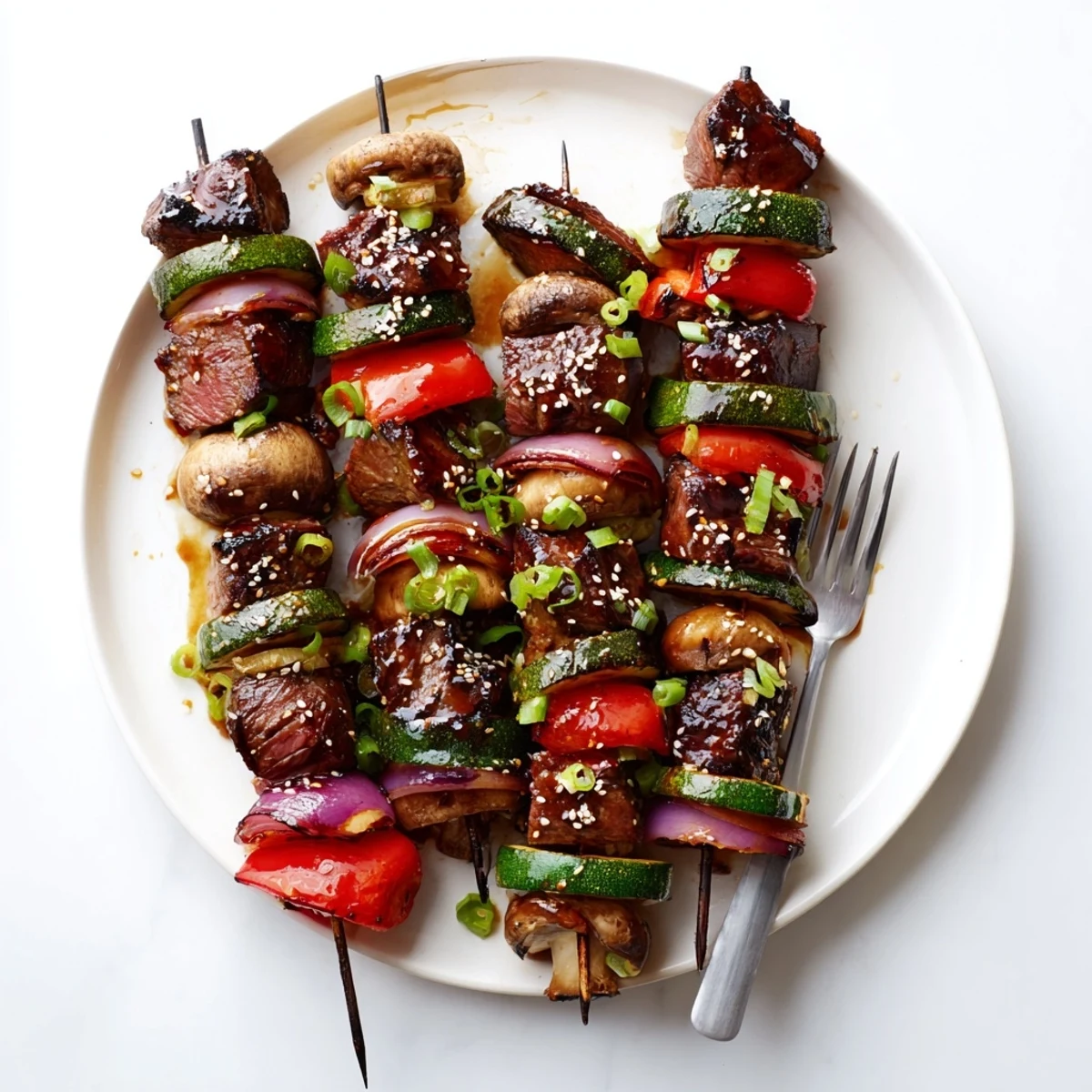 Skewered Grilled Teriyaki Steak Kabobs resting on plate with sesame seeds, scallions.