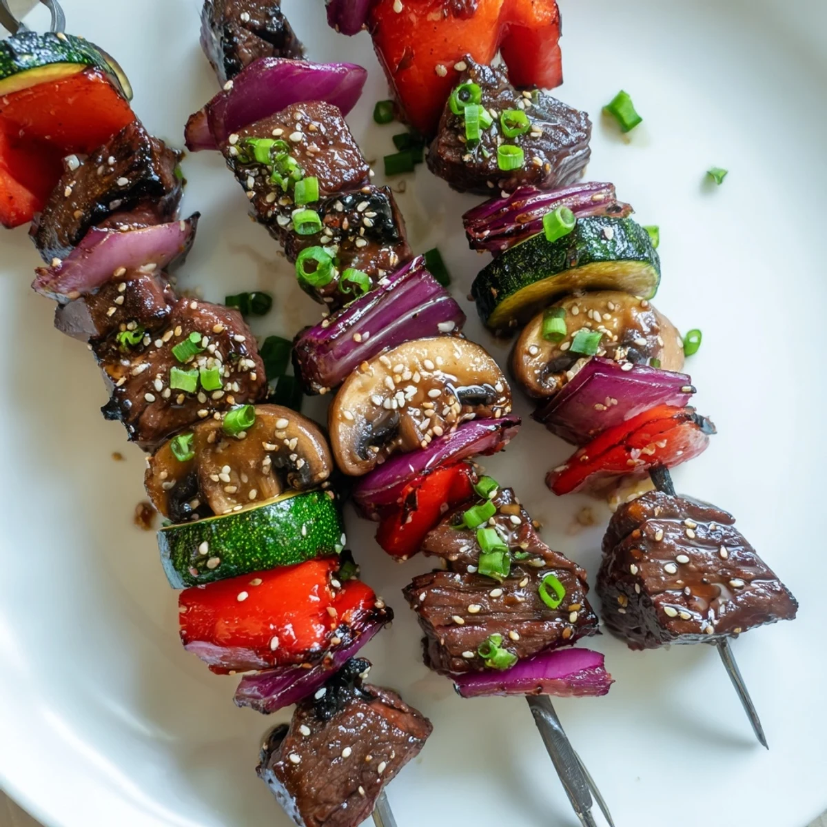 Family-style Grilled Teriyaki Steak Kabobs sizzling on grill, juicy beef, charred zucchini.