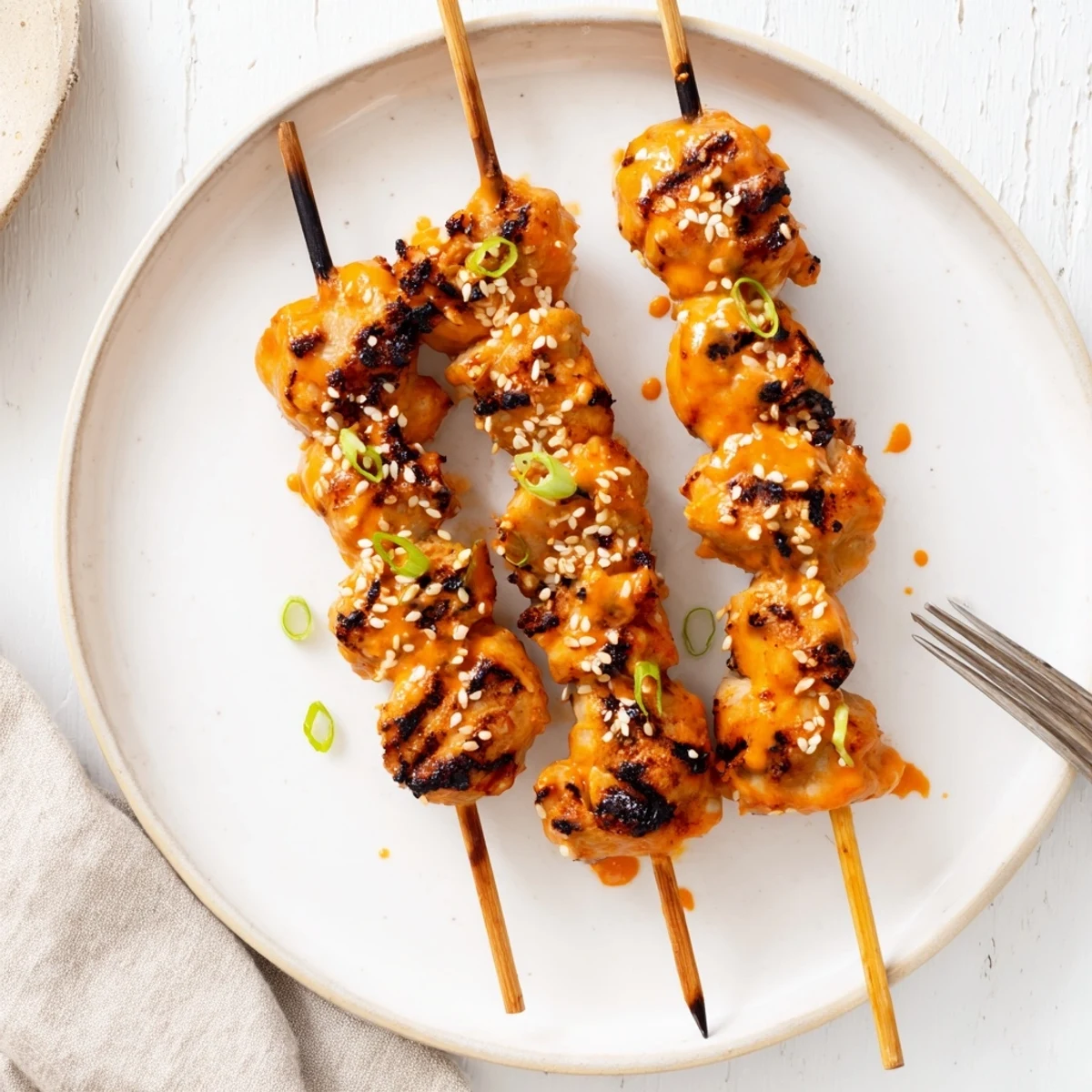 Grilled Bang Bang Chicken Skewers with glossy spicy sweet sauce, charred edges