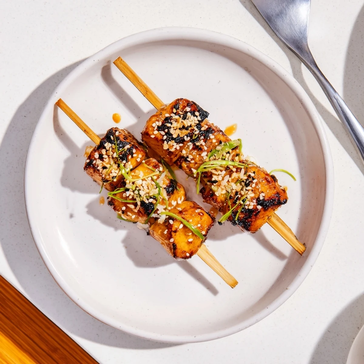 Steaming juicy skewers brushed with creamy spicy sauce, Grilled Bang Bang Chicken Skewers