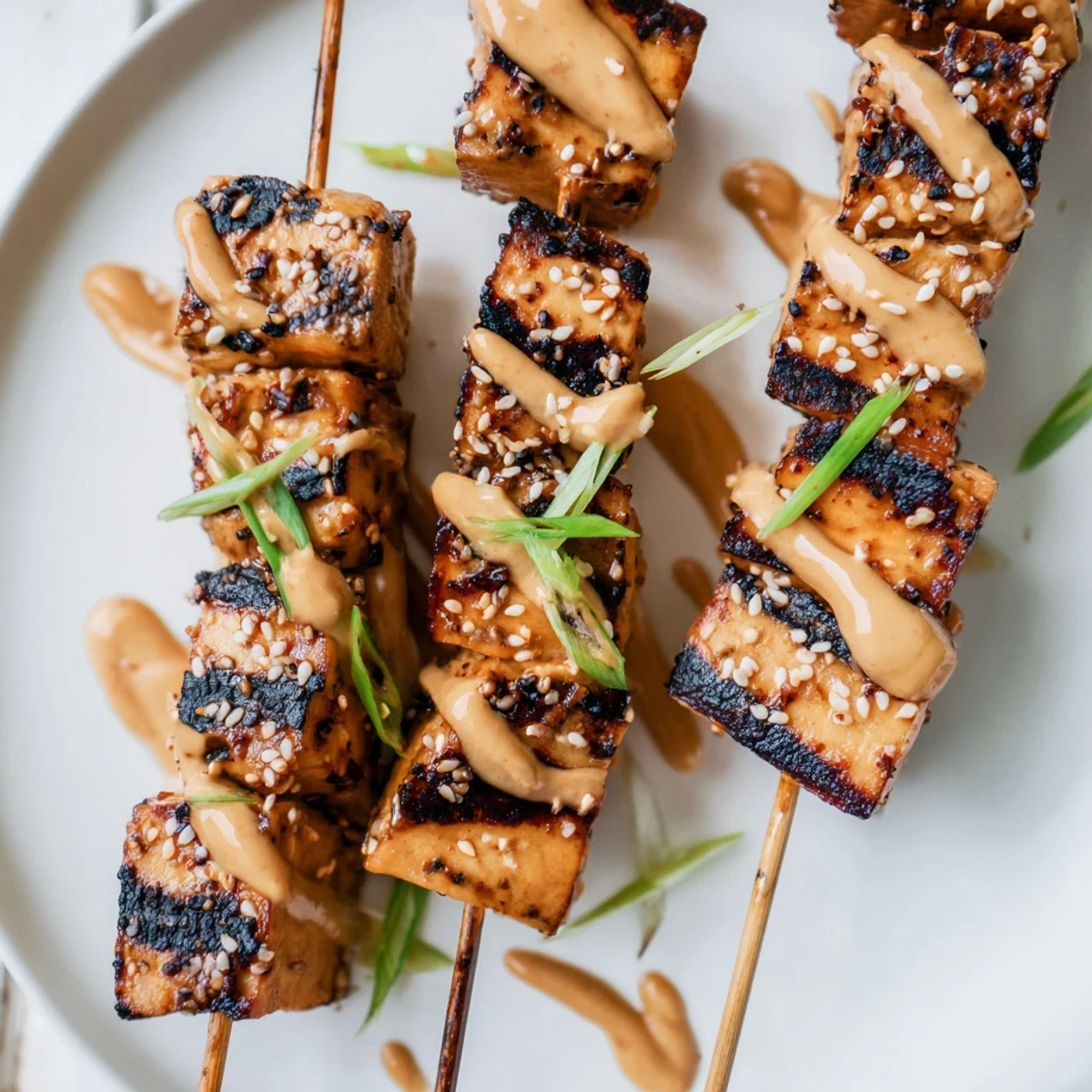 Piled on jasmine rice, Grilled Bang Bang Chicken Skewers garnished with scallions