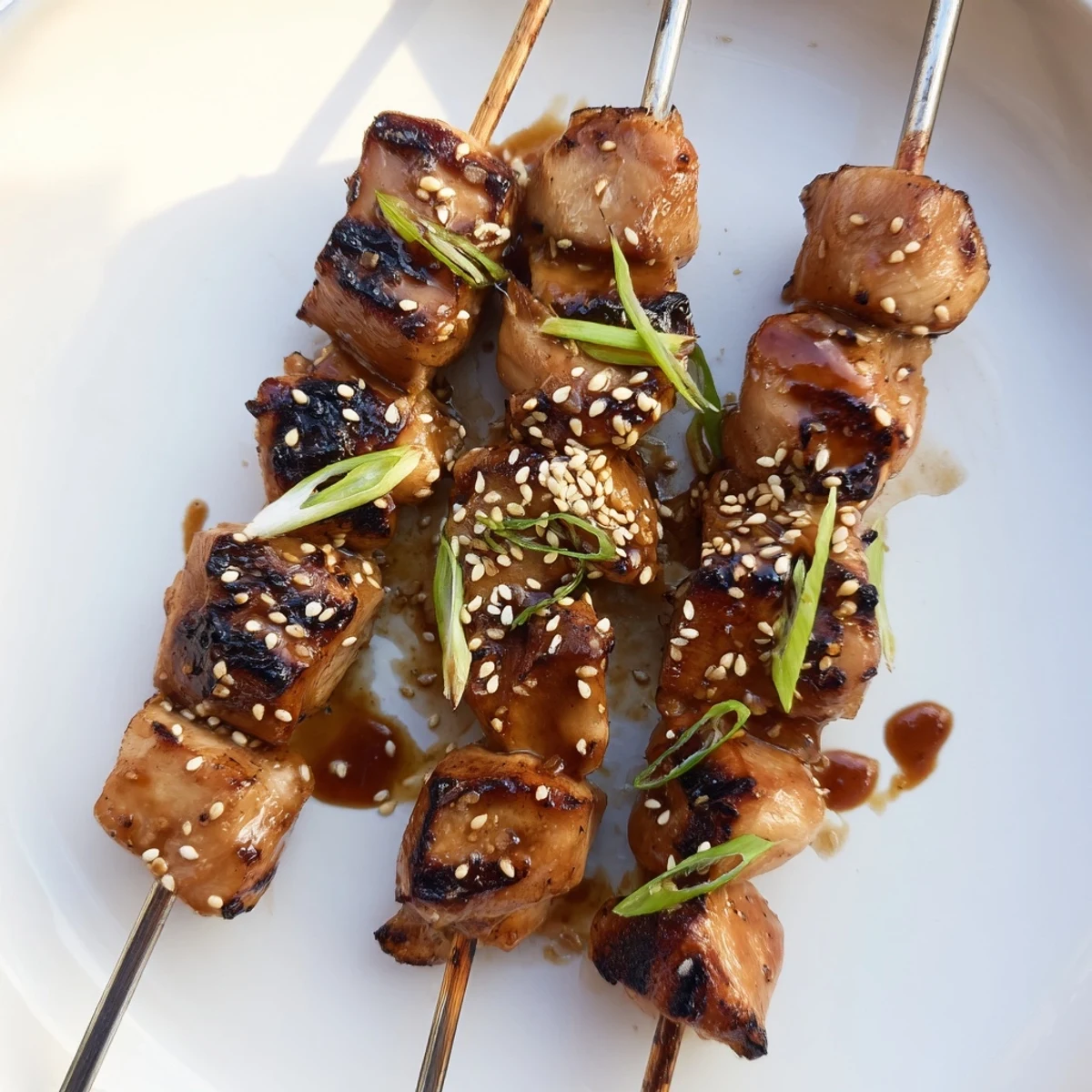 Teriyaki Chicken Skewers on bamboo sticks, smoky char, sweet and salty glaze