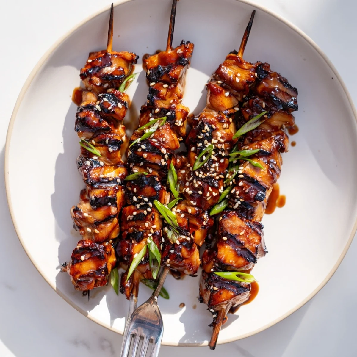 Tender Teriyaki Chicken Skewers brushed with glossy sauce, topped with sesame