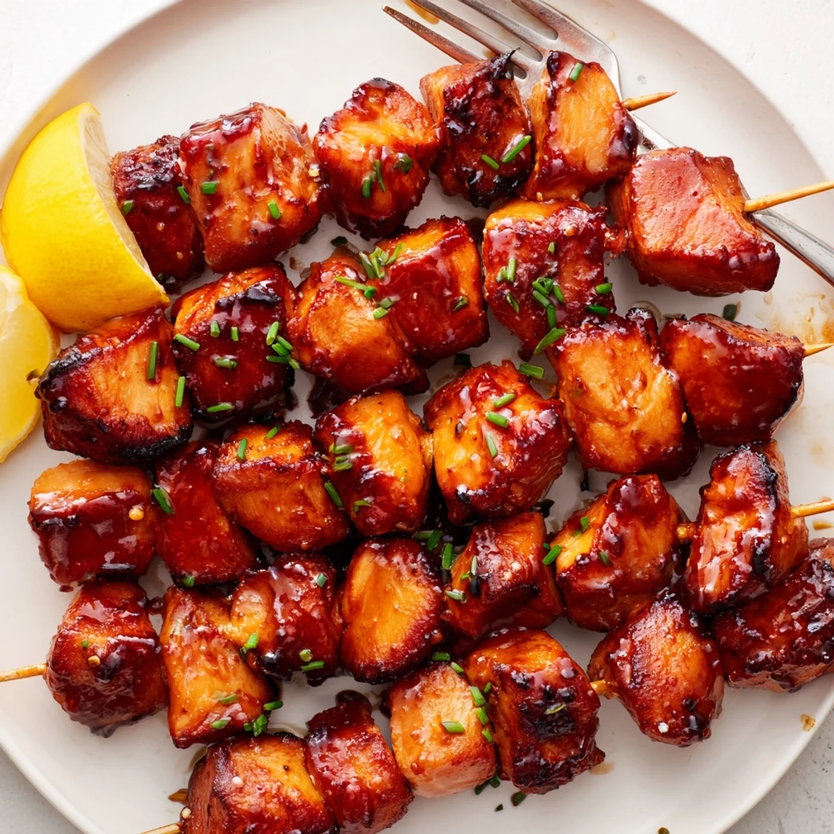 Juicy Honey Garlic BBQ Chicken Skewers glistening with char, served with lemon