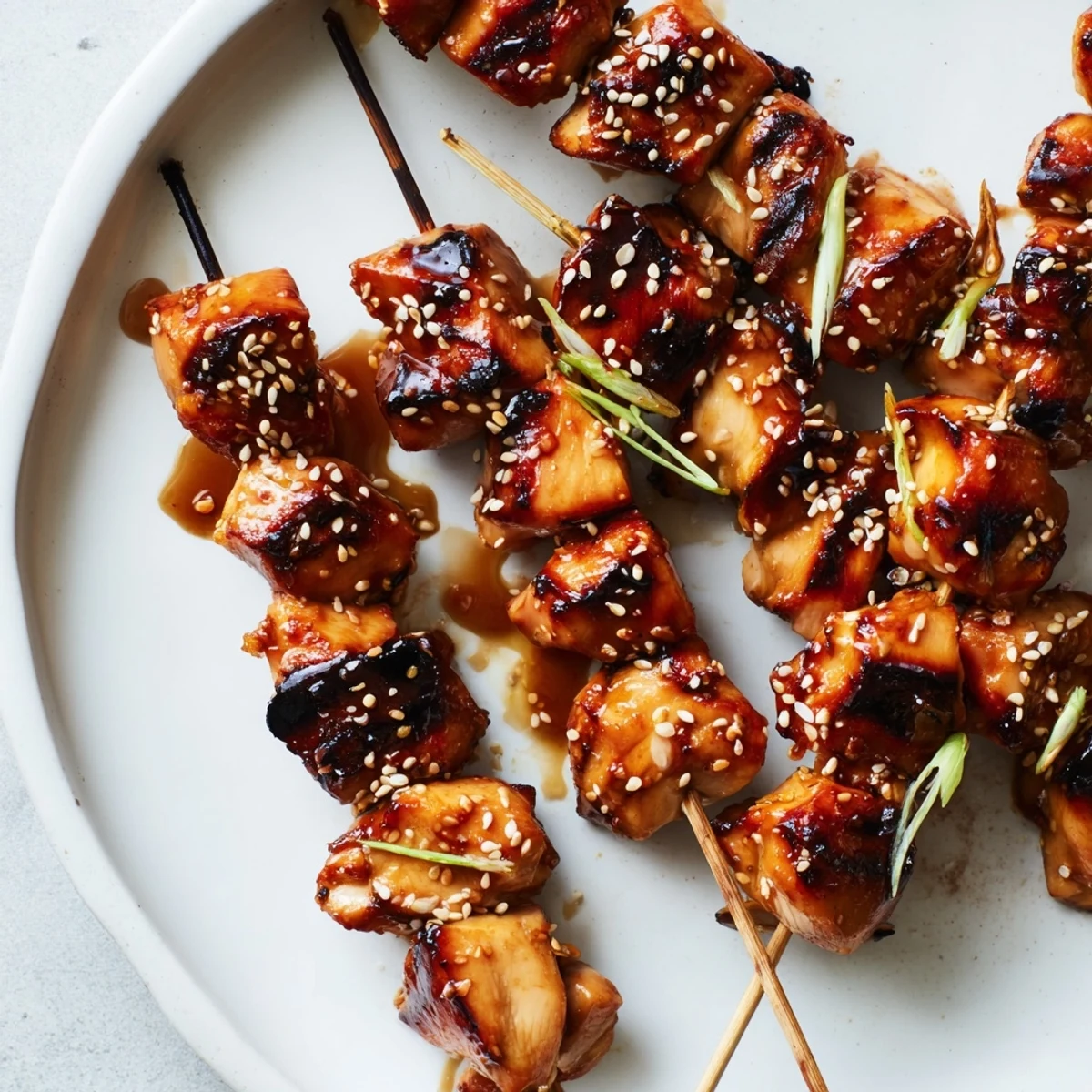 Grilled Asian Chicken Skewers With Honey Garlic Sauce glistening, sesame-speckled, served over jasmine rice