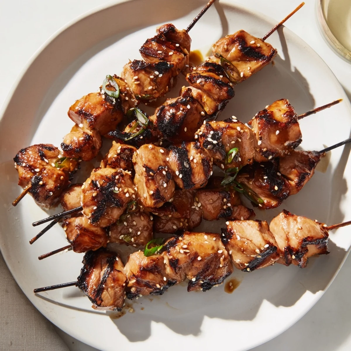Charred Grilled Asian Chicken Skewers With Honey Garlic Sauce brushed and steaming
