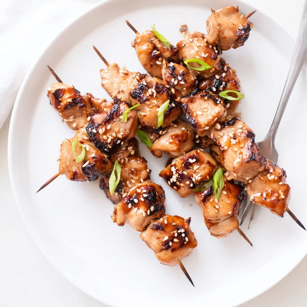 Family-style Grilled Asian Chicken Skewers With Honey Garlic Sauce sticky, garnished with scallions