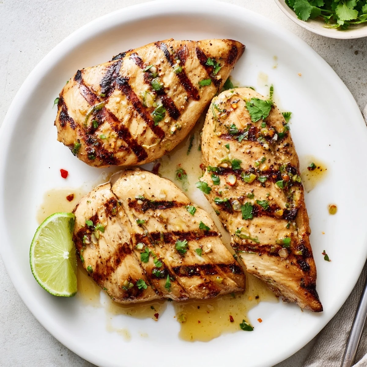 Key West Grilled Chicken sizzling on the grill with charred citrus aroma
