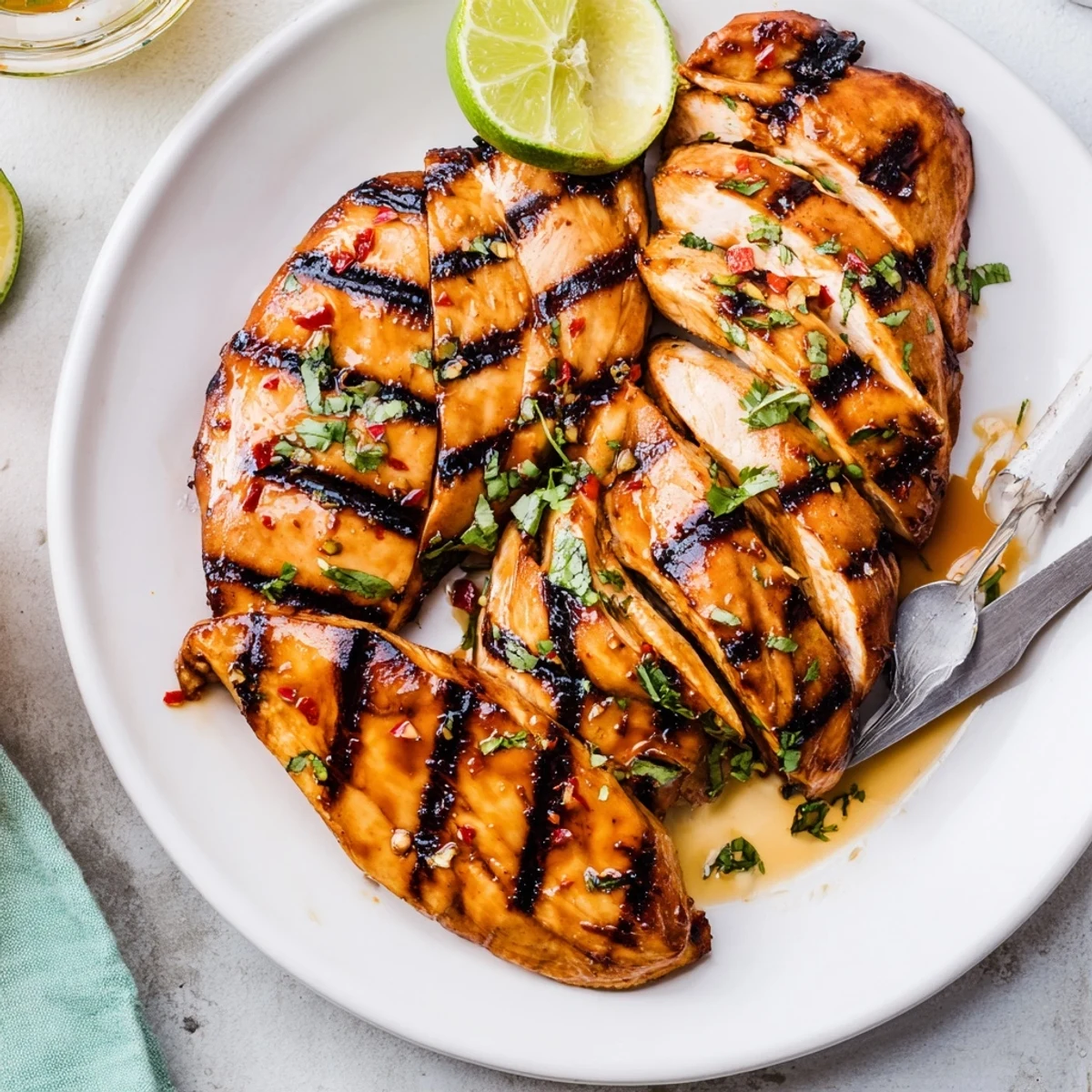 Juicy Key West Grilled Chicken sliced on plate with lime wedges