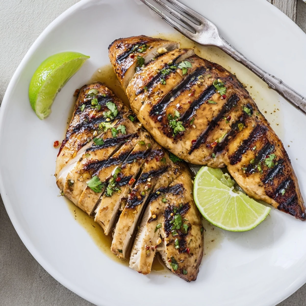 Marinated Key West Grilled Chicken glistening with honey, cilantro garnish, mango salsa nearby