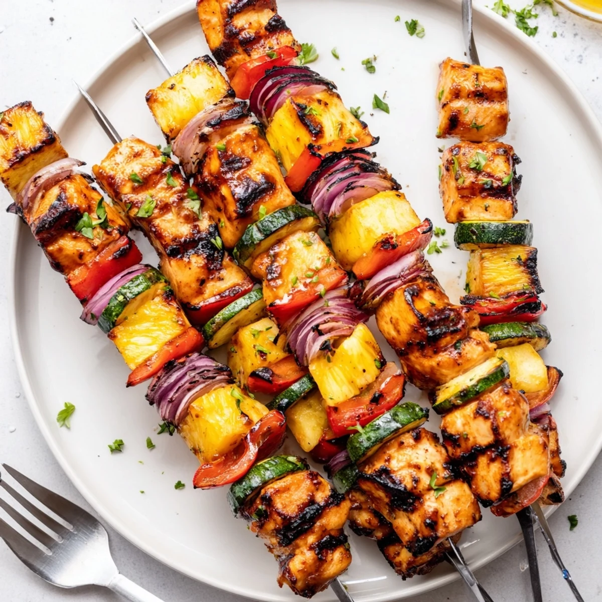 Grilled Chicken Kabobs With Pineapple And Zucchini sizzling with charred edges, lime zest