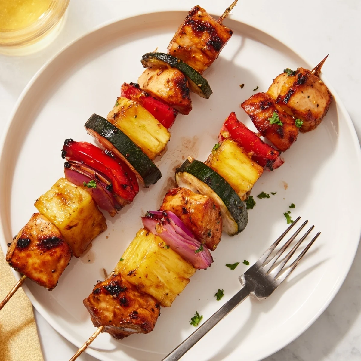 Grilled Chicken Kabobs With Pineapple And Zucchini threaded on skewers, juicy and fragrant