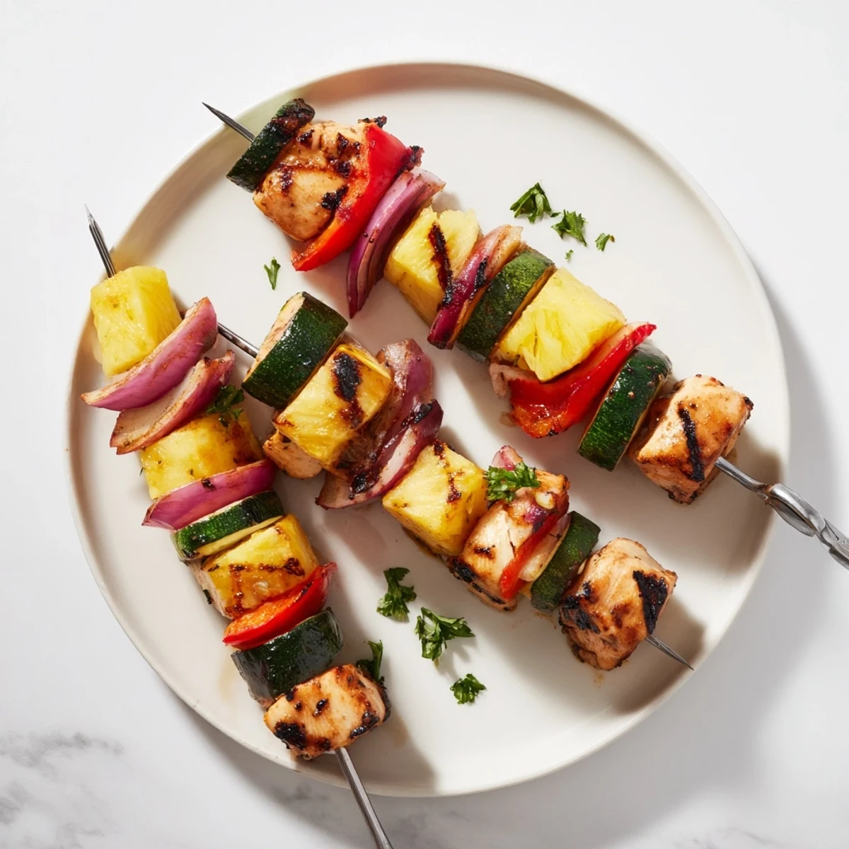 Grilled Chicken Kabobs With Pineapple And Zucchini plated over jasmine rice, topped with cilantro
