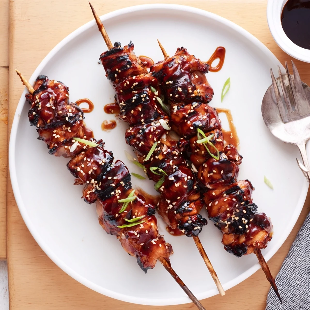 Chicken Skewers With Korean BBQ Sauce glistening with sticky, smoky sweet honeyed glaze.