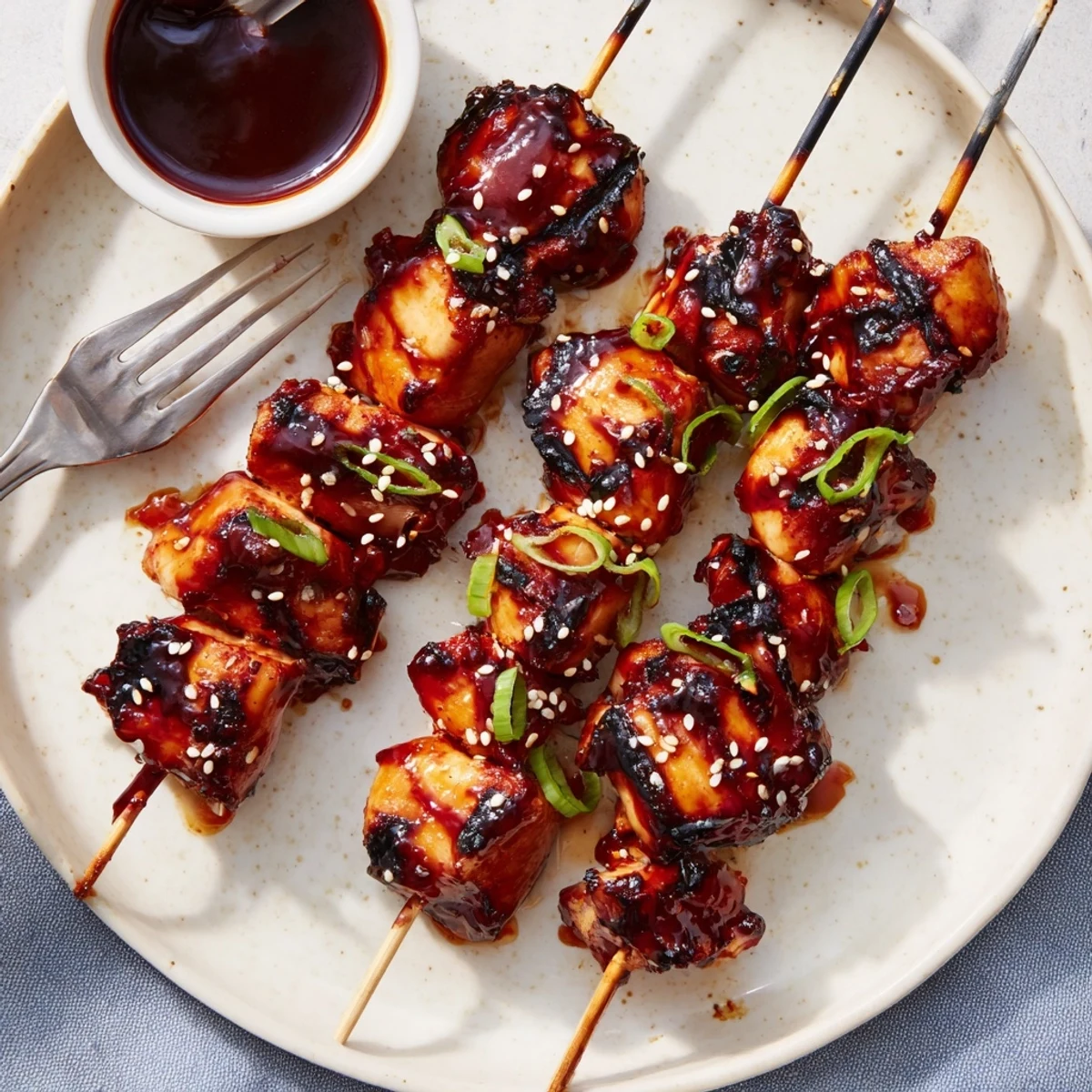 Charred, juicy Chicken Skewers With Korean BBQ Sauce served over steaming rice.