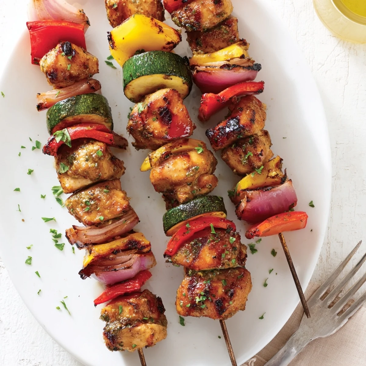 Grilled glow of Chicken Kabobs On The Grill with charred peppers, juicy chicken