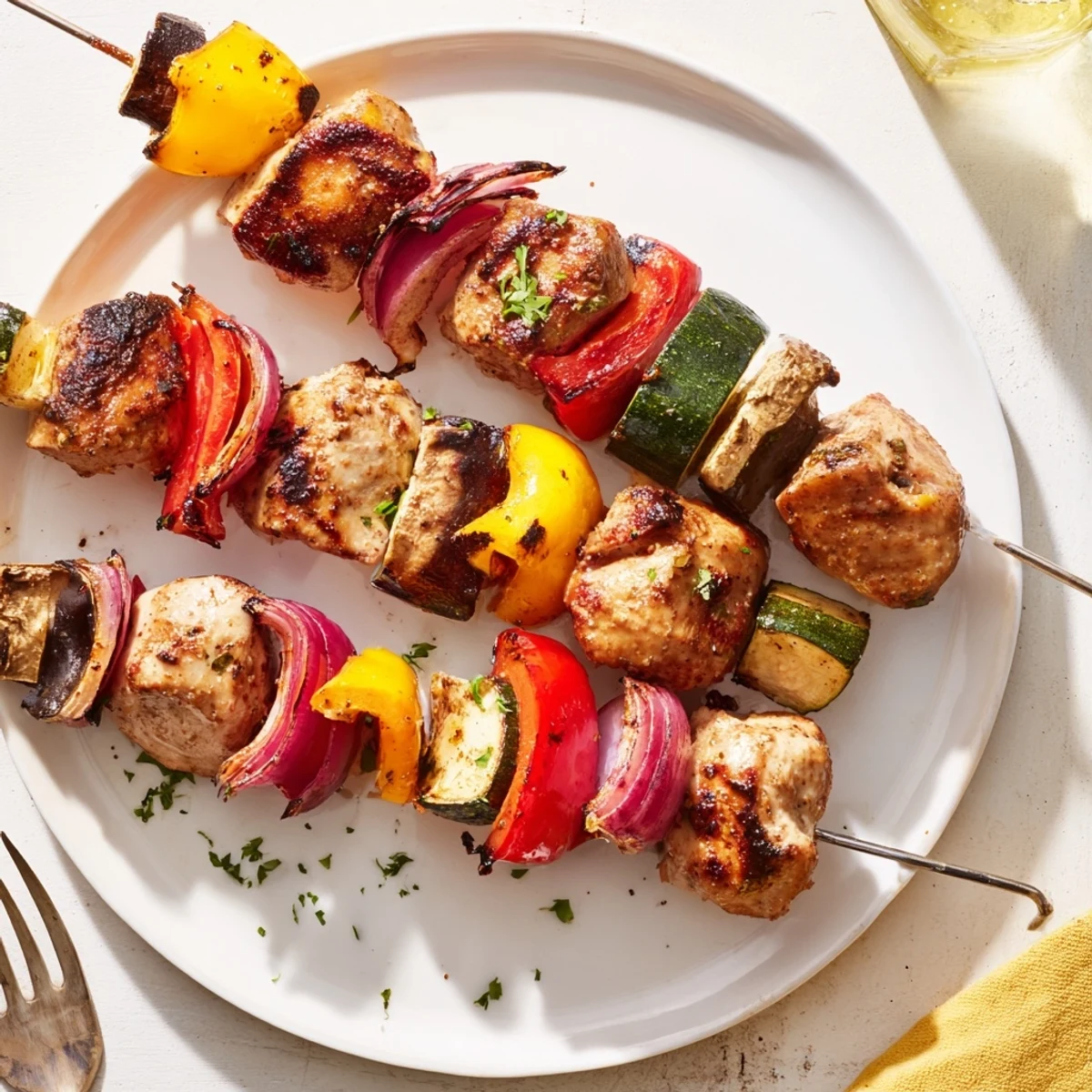Marinated Chicken Kabobs On The Grill served hot with lemon and fresh herbs