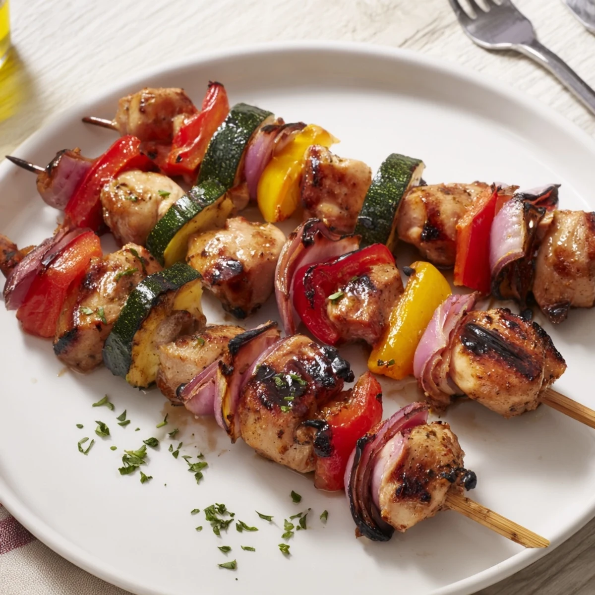 Sizzling Chicken Kabobs On The Grill with colorful vegetables, ready to serve