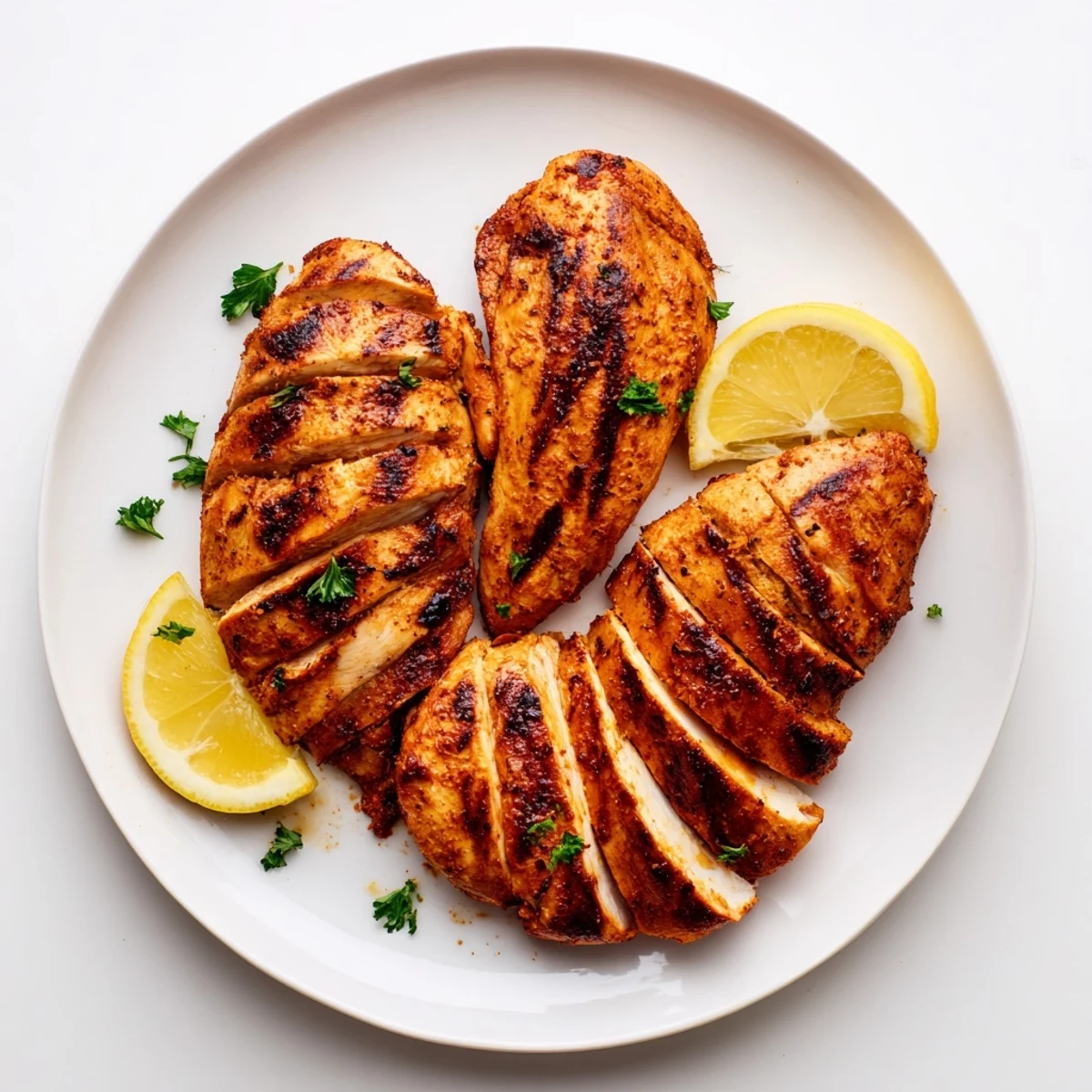 Grilled Chicken with charred grill marks, juicy interior, lemon wedges and parsley