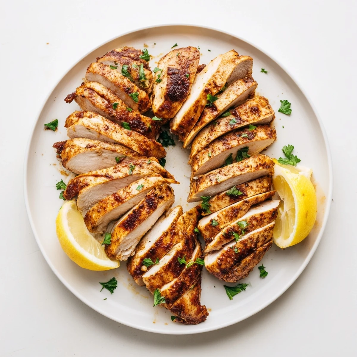 Marinated Grilled Chicken sliced on board, tender, seasoned, served over rice