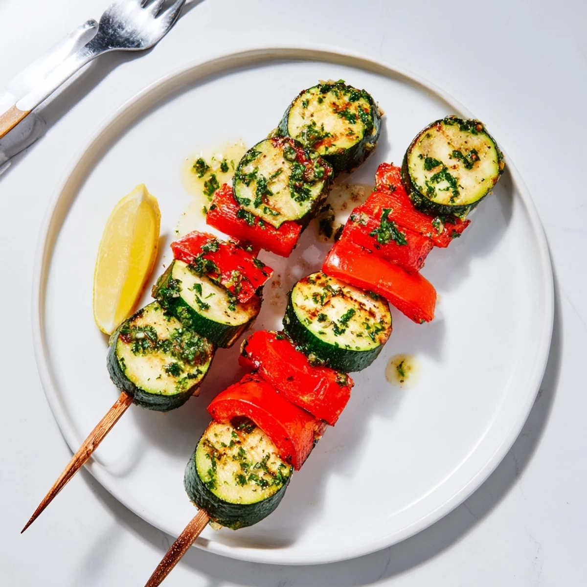 Garlic Butter Zucchini Skewers sizzling with charred edges, brushed with parsley.