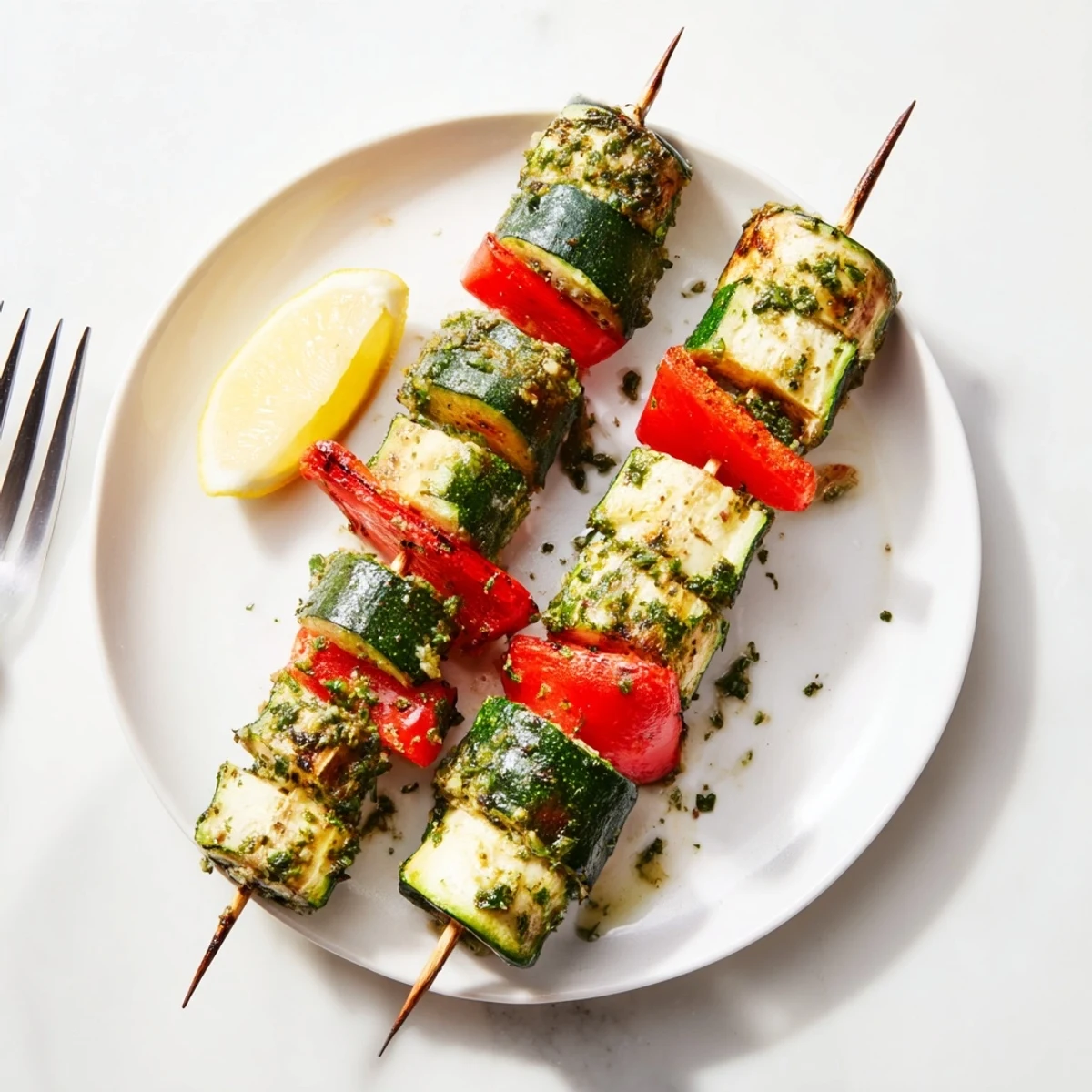 Grilled Garlic Butter Zucchini Skewers threaded on soaked wooden sticks, glistening.