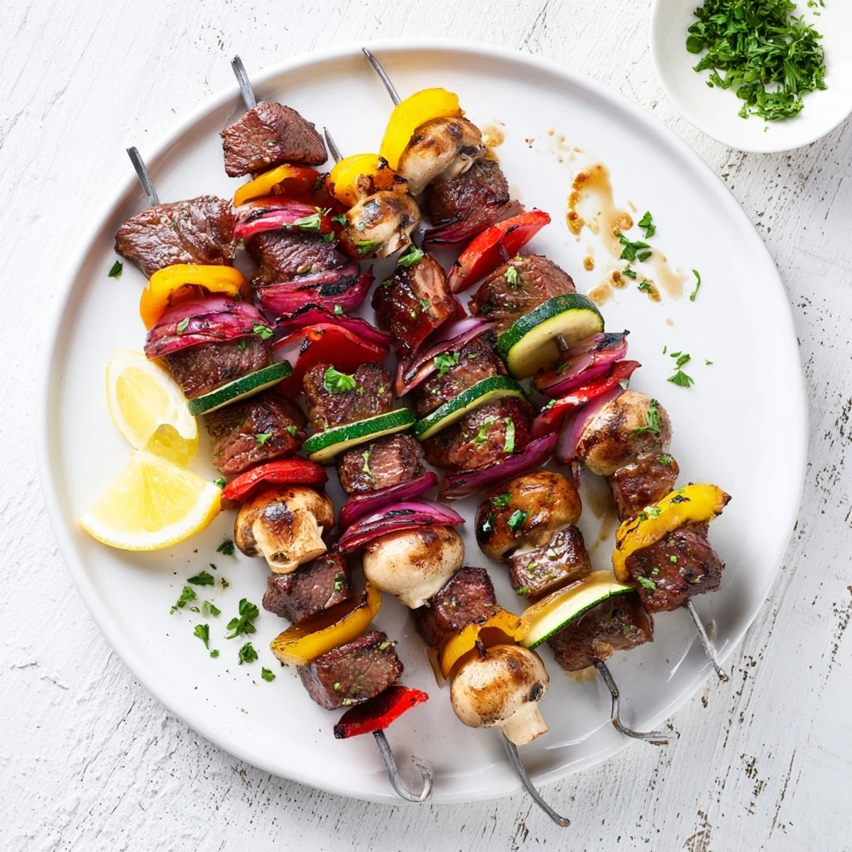Grilled Steak Kabobs glistening with marinade, smoky grill marks and skewers.