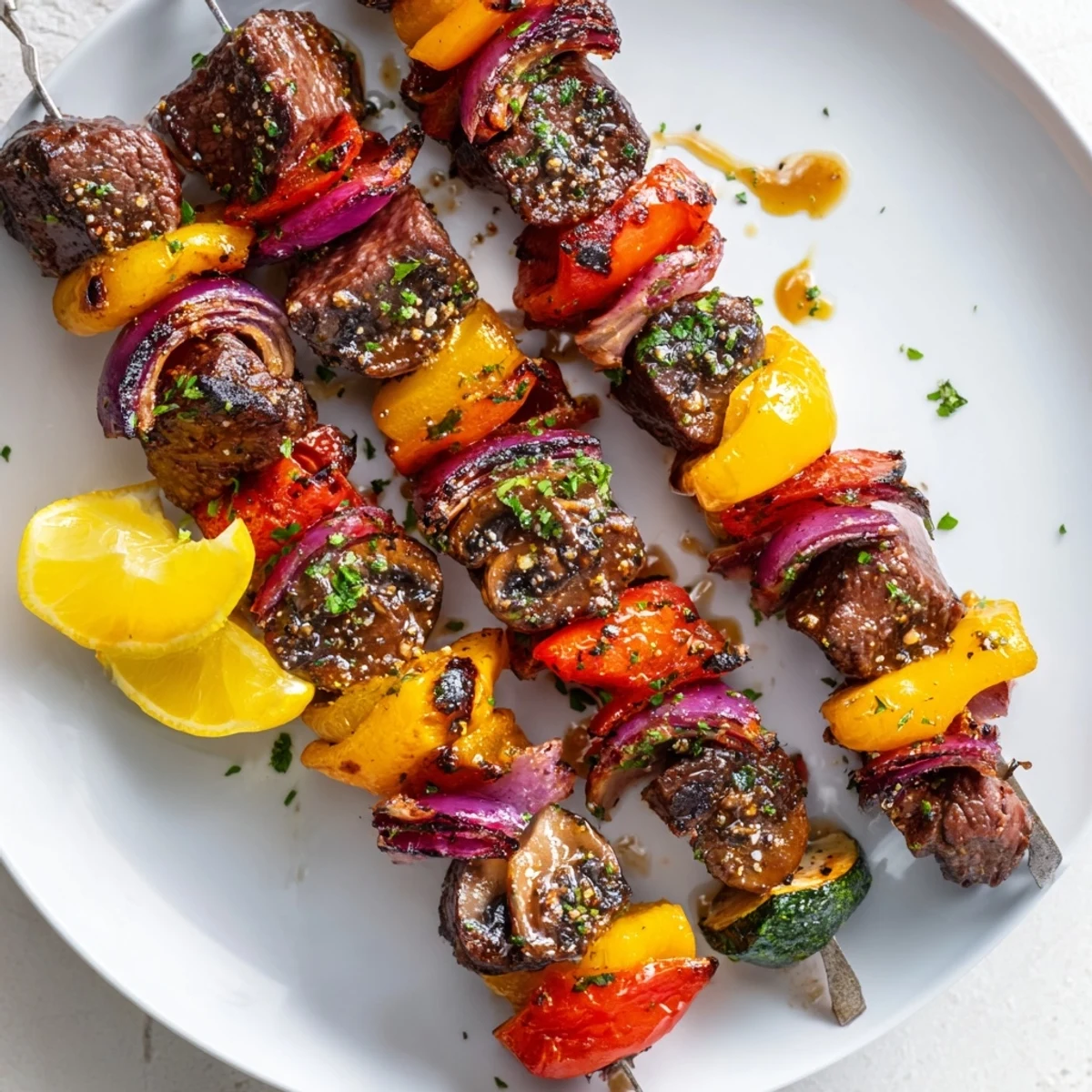 Smoky Grilled Steak Kabobs with charred zucchini and bell peppers, ready-to-serve.