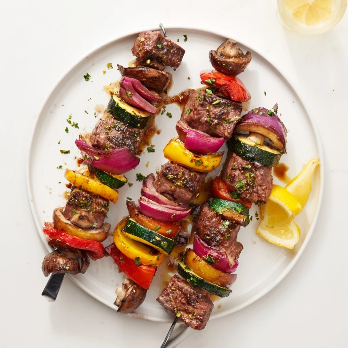 Juicy Grilled Steak Kabobs resting on a platter, parsley garnish and lemon.