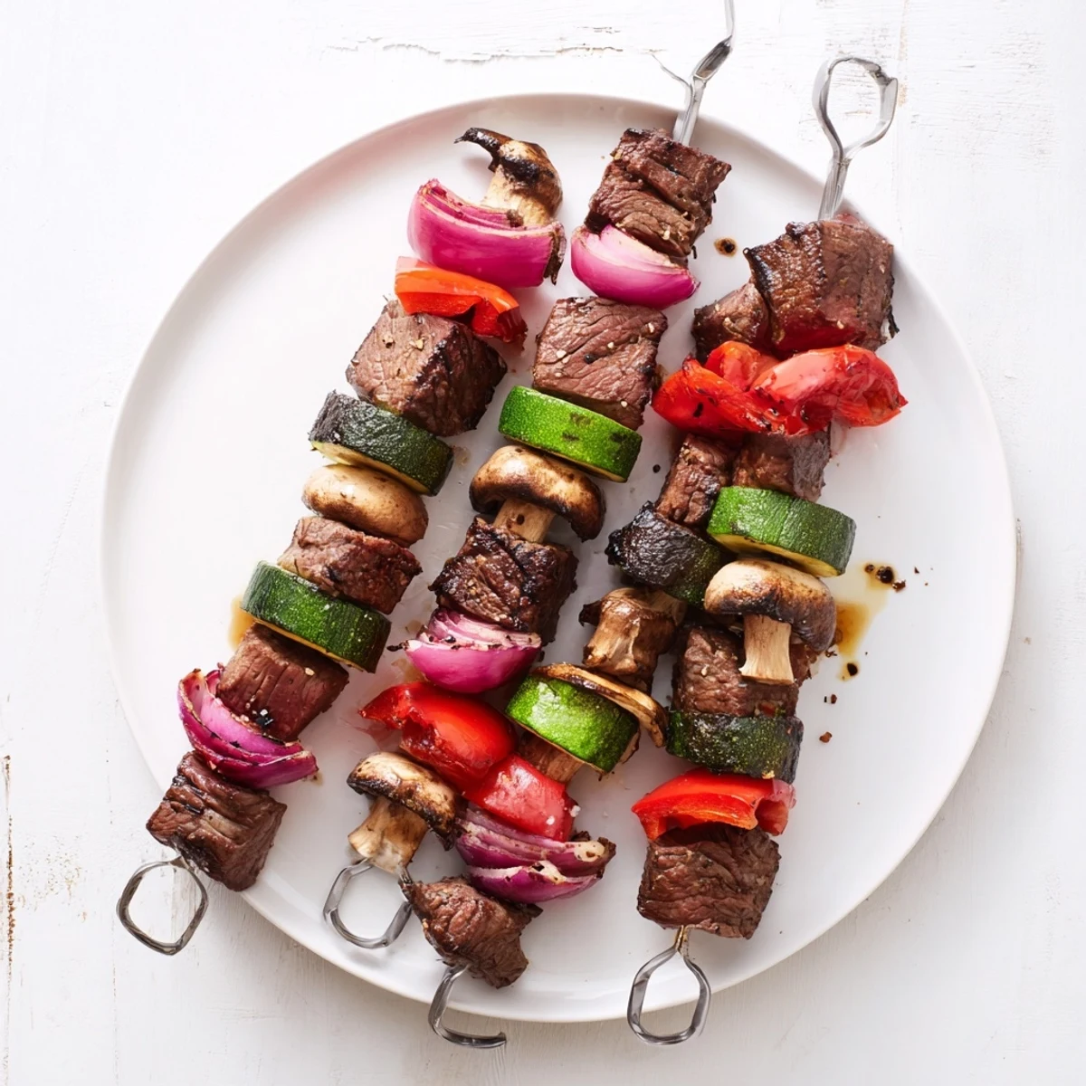 Steak Kabobs sizzling on the grill with charred peppers and juicy steak.