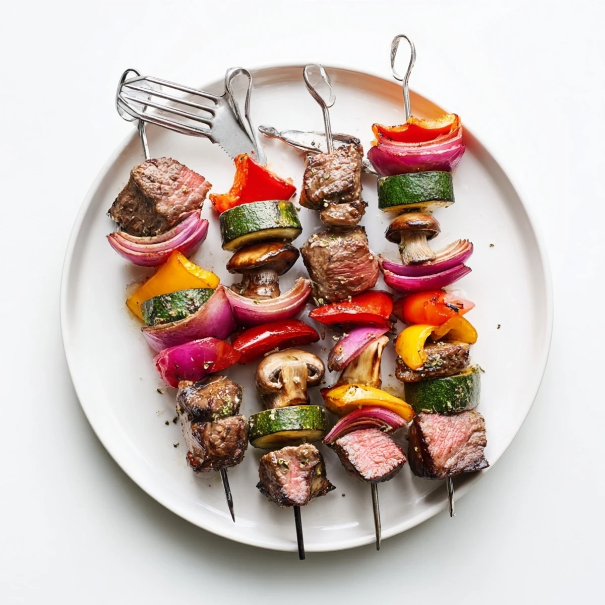 Grilled Steak Kabobs threaded with colorful vegetables, emitting smoky, caramelized aromas.