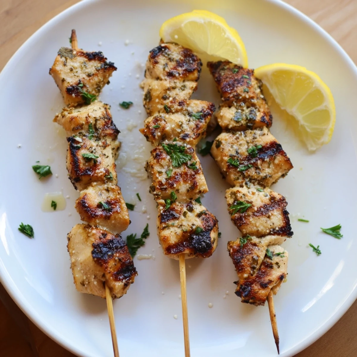Savory Garlic Parmesan Chicken Skewers For Effortless Summer Grilling with juicy charred edges, lemon