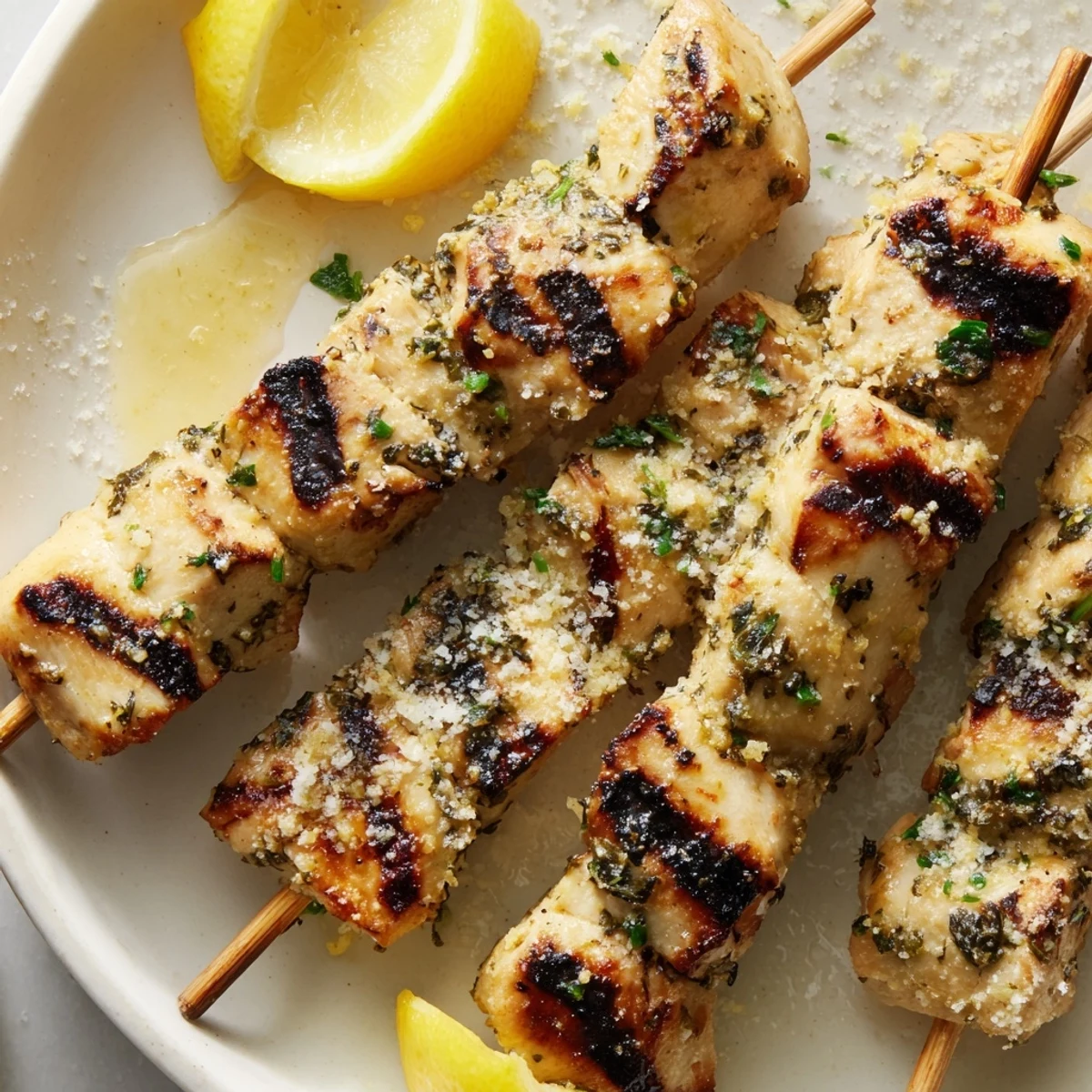 Savory Garlic Parmesan Chicken Skewers For Effortless Summer Grilling garnished with parmesan and parsley