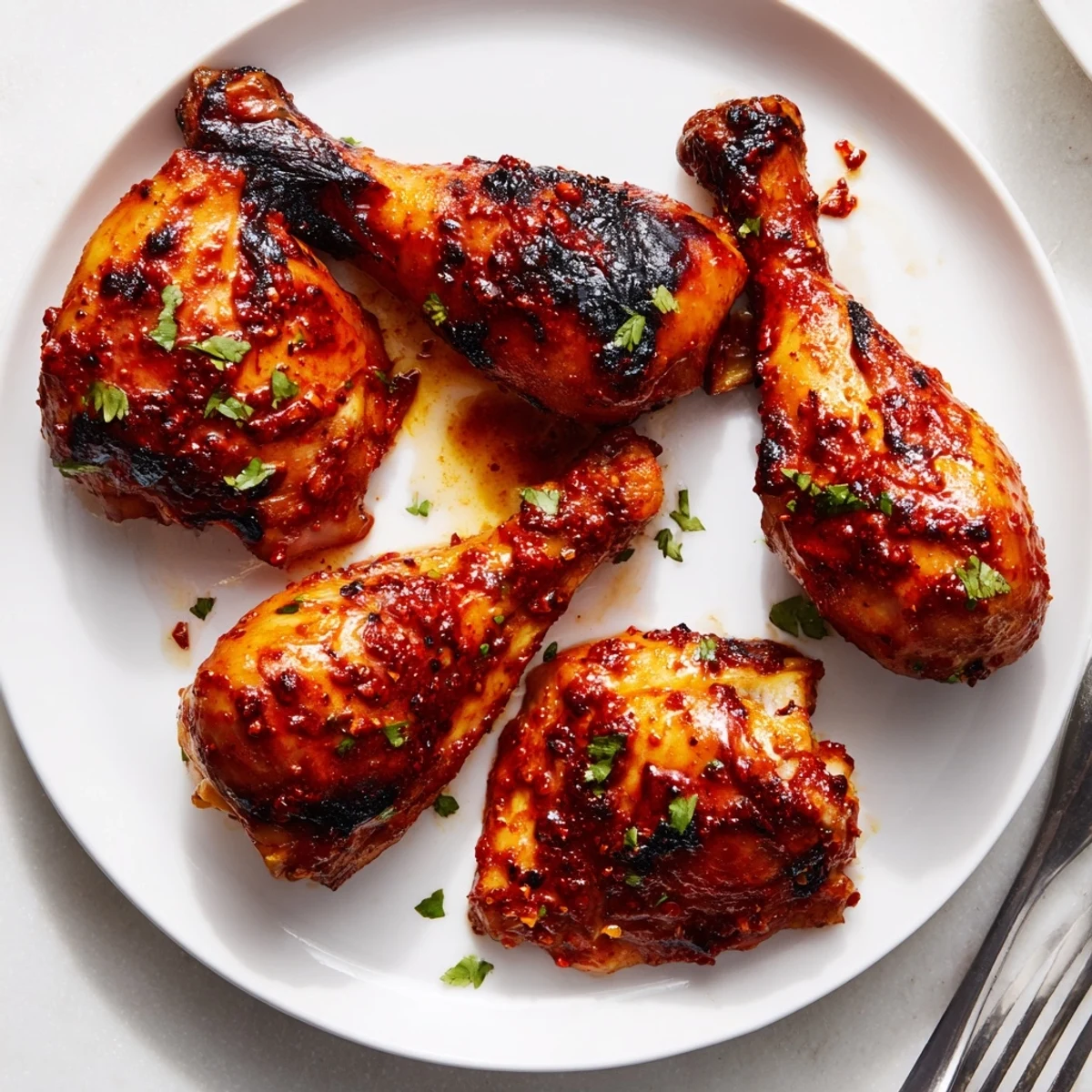 Grilled Peri Peri Chicken glazed spicy and sweet, served beside fries and salad
